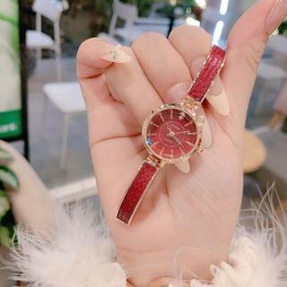 Set đồng hồ nữ dây da đỏ phối trang sức Ruby hoa sang trọng Gossie – Set Lắc Phối Da Ruby Hoa