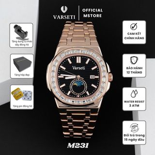 [ MS STORE x NN ] M231 – Đồng hồ pin Varseti Quartz nam dây thép mạ vàng – Mặt đen vân ngang sang trọng, lịch ngày 3h, lịch trăng Moonphase – Phong cách doanh nhân