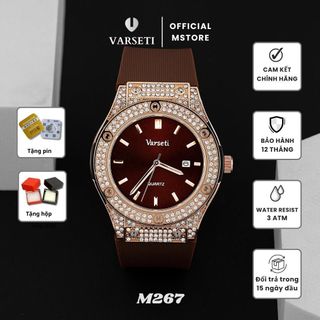 [ VARSETI X DƯƠNG SANG ] M267 - Đồng hồ nam Varseti Quartz dây cao su nâu – Mặt nâu sang trọng, lịch ngày 3h – Viền đính đá nổi bật phong cách thời trang cao cấp