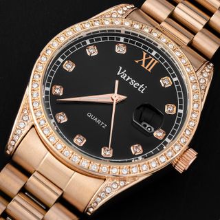 [ MS STORE x VVK ] M241 – Đồng hồ pin Varseti Quartz nam dây thép mạ vàng hồng – Mặt đen sang trọng, lịch ngày 3h – Viền đính đá cao cấp, phong cách doanh nhân lịch lãm