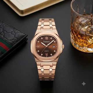 [ VARSETI X SANG NGUYỄN ] - M333 - Đồng hồ Nam thiết kế dáng bát giác Nautilus thượng lưu mạ vàng hồng Rose Gold, mặt nâu cà phê chải tia đính đá sang trọng
