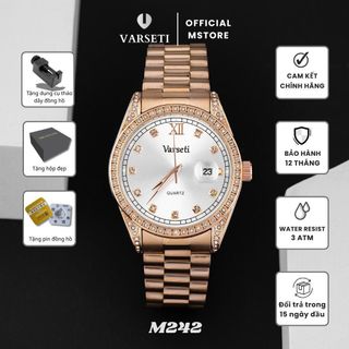 [MSSTORE X VVK ] M242 – Đồng hồ pin Varseti Quartz nam dây thép mạ vàng hồng – Mặt trắng sang trọng, lịch ngày 3h – Viền đính đá cao cấp, phong cách doanh nhân lịch lãm