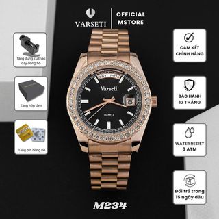 [ MSSTORE x VVK ] M234 – Đồng hồ pin Varseti Quartz nam dây thép mạ vàng – Mặt đen sang trọng, lịch thứ 12h & lịch ngày kính lúp 3h – Viền đính đá cao cấp, phong cách doanh nhân