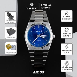 [ DEAL 9K ĐÌNH TRƯỞNG ] M255,M99 – Đồng hồ pin Varseti Quartz nam dây thép tông bạc – Mặt xanh sunray sang trọng, Day-Date lịch thứ và ngày, phong cách doanh nhân hiện đại