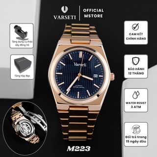 [ MS STORE x CHI DUY ] M223 - Đồng hồ Cơ Varseti Automatic nam dây thép vàng – Mặt xanh navy vân caro thanh lịch, kim cọc vàng hồng phản quang, lịch ngày 4h30 – Kính Sapphire, thiết kế dây liền khối, chống nước 3ATM