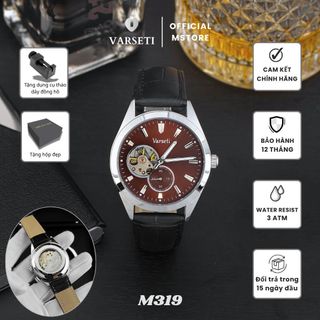 [ VARSETI X Kim Tròn] - M319 - Đồng hồ Nam Automatic Cơ lộ máy Luxury thiết kế mặt nâu chocolate dập vân chải tia, vỏ thép bạc kết hợp dây da đen cao cấp