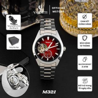 [ VARSETI X VBB ] - M321 - Đồng hồ Nam Automatic Cơ lộ máy Luxury thiết kế mặt đỏ mận chải tia, vỏ và dây thép bạc hiện đại