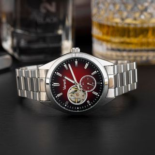 [ VARSETI X VBB ] - M321 - Đồng hồ Nam Automatic Cơ lộ máy Luxury thiết kế mặt đỏ mận chải tia, vỏ và dây thép bạc hiện đại