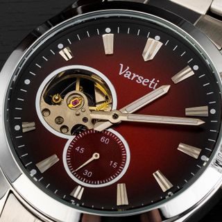 [ VARSETI X VBB ] - M321 - Đồng hồ Nam Automatic Cơ lộ máy Luxury thiết kế mặt đỏ mận chải tia, vỏ và dây thép bạc hiện đại