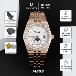 [Varseti x Kim Tròn ] M232 – Đồng hồ pin Varseti Quartz nam dây thép mạ vàng – Mặt trắng vân tổ ong sang trọng, lịch ngày 3h, lịch trăng Moonphase – Phong cách doanh nhân lịch lãm