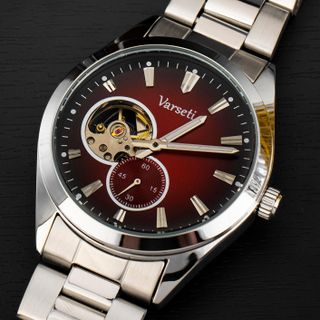 [ VARSETI X VBB ] - M321 - Đồng hồ Nam Automatic Cơ lộ máy Luxury thiết kế mặt đỏ mận chải tia, vỏ và dây thép bạc hiện đại