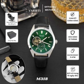 [ 9K VBB ] - M318 - Đồng hồ Nam Automatic Cơ lộ máy Luxury thiết kế mặt xanh lục bảo dập vân chải tia, vỏ thép bạc kết hợp dây da đen cao cấp