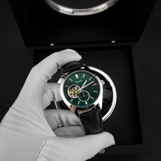 [ 9K VBB ] - M318 - Đồng hồ Nam Automatic Cơ lộ máy Luxury thiết kế mặt xanh lục bảo dập vân chải tia, vỏ thép bạc kết hợp dây da đen cao cấp