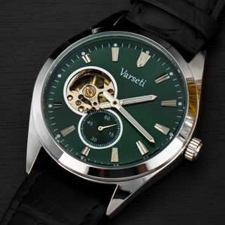 [ 9K VBB ] - M318 - Đồng hồ Nam Automatic Cơ lộ máy Luxury thiết kế mặt xanh lục bảo dập vân chải tia, vỏ thép bạc kết hợp dây da đen cao cấp