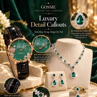 Set đồng hồ nữ mặt xanh dây da phối trang sức giọt nước Lục Bảo sang trọng Panmila – Set Giọt Nước Xanh Lục Bảo