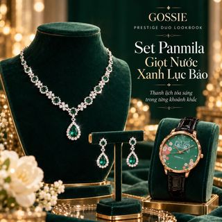 Set đồng hồ nữ mặt xanh dây da phối trang sức giọt nước Lục Bảo sang trọng Panmila – Set Giọt Nước Xanh Lục Bảo