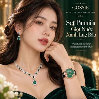 Set đồng hồ nữ mặt xanh dây da phối trang sức giọt nước Lục Bảo sang trọng Panmila – Set Giọt Nước Xanh Lục Bảo