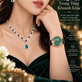 Set đồng hồ nữ mặt xanh dây da phối trang sức giọt nước Lục Bảo sang trọng Panmila – Set Giọt Nước Xanh Lục Bảo