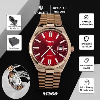 [ MS STORE x DQN ]  M260 – Đồng hồ cơ Varseti Automatic nam dây thép mạ vàng hồng – Mặt đỏ burgundy sunray sang trọng, lịch ngày 3h – Phong cách doanh nhân lịch lãm
