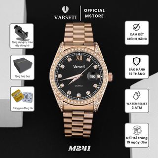 [ MS STORE x Kim Tròn] M241 – Đồng hồ pin Varseti Quartz nam dây thép mạ vàng hồng – Mặt đen sang trọng, lịch ngày 3h – Viền đính đá cao cấp, phong cách doanh nhân lịch lãm