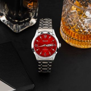 [ DEAL 9K Đình Trưởng ] - M0323, M99 - Đồng hồ Nam thiết kế tối giản sang trọng với mặt đỏ tươi chải tia đính đá nổi bật, vỏ và dây thép bạc vát cạnh độc đáo