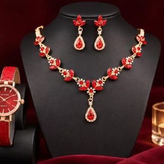 Set đồng hồ nữ dây da đỏ phối trang sức Ruby hoa sang trọng Gossie – Set Lắc Phối Da Ruby Hoa
