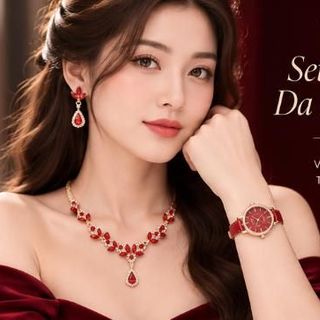 Set đồng hồ nữ dây da đỏ phối trang sức Ruby hoa sang trọng Gossie – Set Lắc Phối Da Ruby Hoa