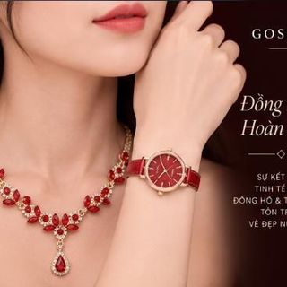 Set đồng hồ nữ dây da đỏ phối trang sức Ruby hoa sang trọng Gossie – Set Lắc Phối Da Ruby Hoa