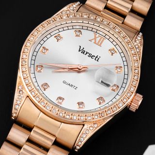 [ MS STORE x Kim Tròn ] M242 – Đồng hồ pin Varseti Quartz nam dây thép mạ vàng hồng – Mặt trắng sang trọng, lịch ngày 3h – Viền đính đá cao cấp, phong cách doanh nhân lịch lãm