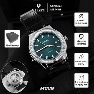 [ MS STORE x HIẾU WATCH LUXURY ] M228 - Đồng hồ Cơ Varseti Automatic nam dây da đen – Mặt xanh rêu sunburst, viền đá baguette sang trọng, lịch ngày 4h30 – Lưng lộ máy, chống nước 3ATM