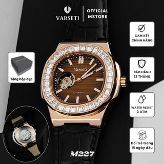 [ VARSETI X VVK ] M227 - Đồng hồ Cơ Varseti Automatic nam dây da đen – Mặt nâu chocolate vân kẻ sang trọng, lộ tim Open Heart 9h, viền đá baguette nổi bật – Vỏ vàng hồng, lưng lộ máy, chống nước 3ATM