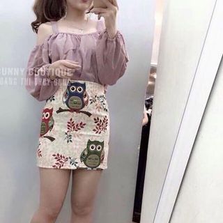 Set váy cú mèo áo voan rớt vai