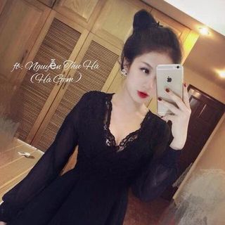Đầm voan cổ v tay dài phối ren đen