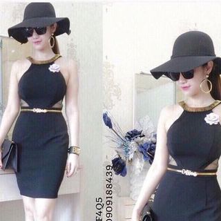 Đầm body cổ yếm viền kim loại