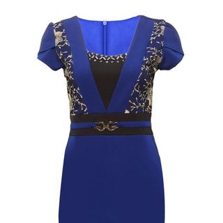 M132 - đầm suông phối ren thêu xanh m132