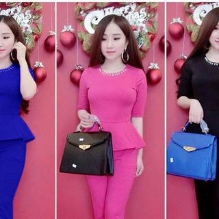 Set áo peplum cổ đính hạt tùng xòe quần dài mh lj12-l175