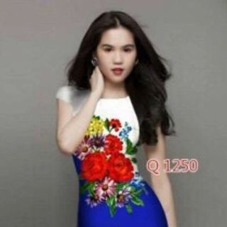 Đầm 3d - hoa hải my đỏ nền xanh - d4221