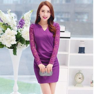 Đầm cổ v nhún eo phối tay ren có xxl - d4223