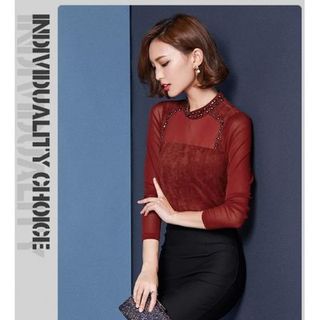 Áo nhung cổ voan đính hạt shishang - dk1008