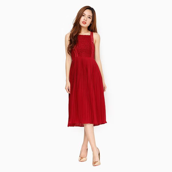 Chân váy đỏ xếp ly dáng midi CV04-32 | Thời trang công sở K&K Fashion
