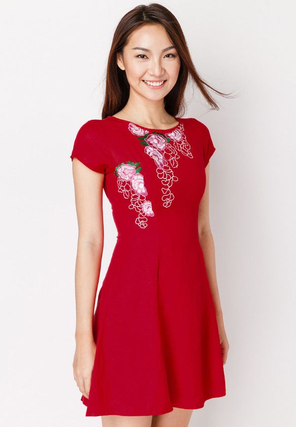 SONO - Đầm linen có tay vẽ hoa hồng