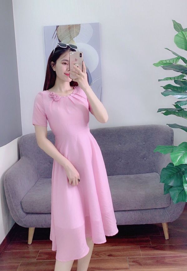 Váy hoa li tơ nổi tay bồng(2 lớp) - Váy Fashion