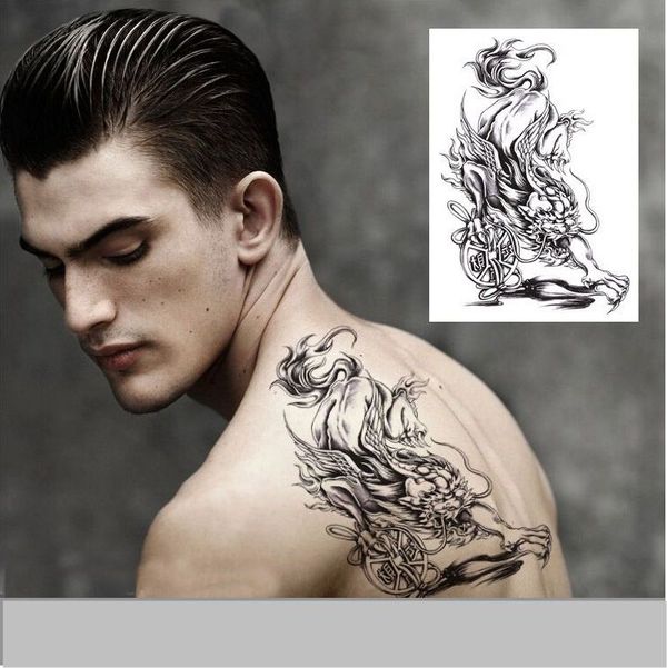 Hình xăm dán tattoo rồng đẹp kín lưng trắng đen 34x48cm- tặng bắp tay xinh  15x21cm