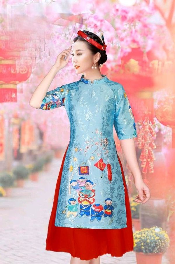 Áo Dài Xanh Bơ Truyền Thống Gấm Hoàng Gia Cổ Tròn Tay Lỡ Cao Cấp Kora Dress  - Đầm Quỳnh Anh Luxury Fashion