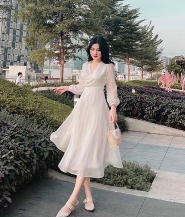 Ảnh thật/Sẵn] Váy trắng cổ vuông dài tay thắt nơ tiểu thư - Đầm trắng dự  tiệc dáng dài | Shopee Việt Nam