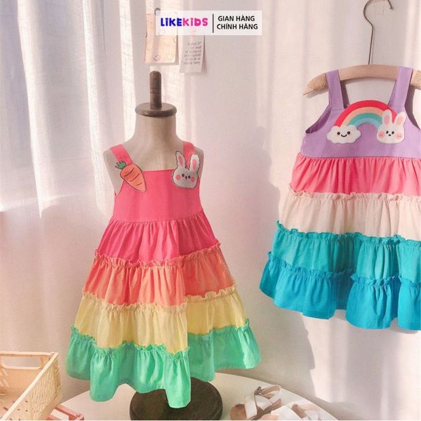 Đầm bé gái tầng thêu thỏ con và hoa xinh xắn