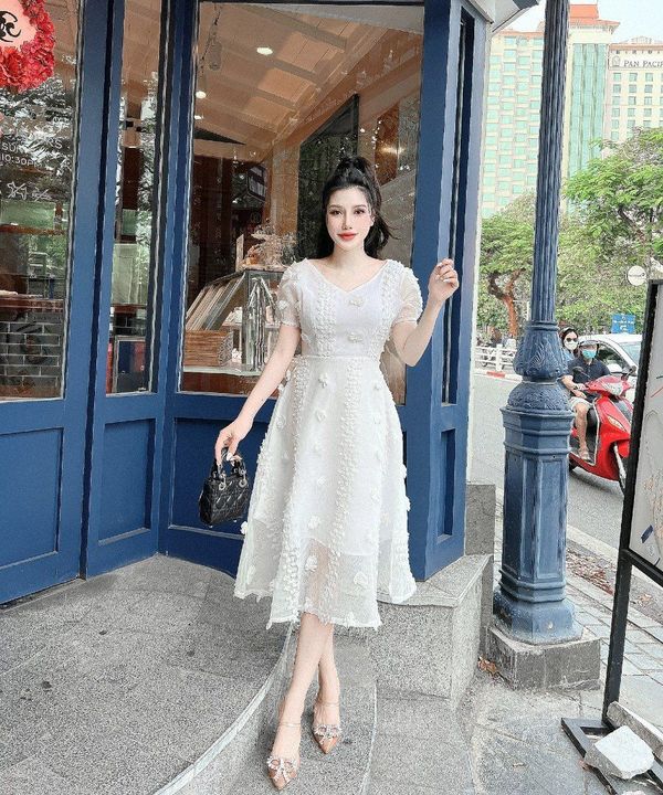 Đầm xòe voan bông nổi 3D lưới tiểu thư DAM0032 – Lady Fashion