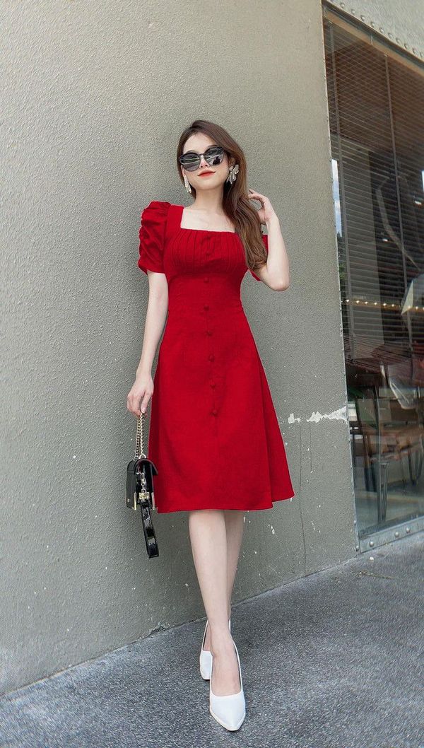 Mua Váy đầm xòe công chúa cổ vuông tay phồng có mút ngực - Đỏ,XL(55-63kg)  tại THỜI TRANG TINA | Tiki