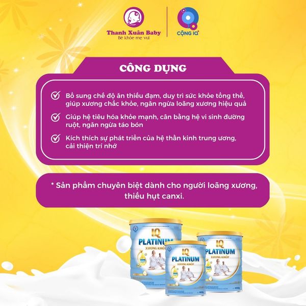 Sữa non IQ Platinum Xương Khớp cho người loãng xương, thiếu hụt Canxi 900g - Thanh Xuân Baby Sữa non IQ Platinum Xương Khớp cho người loãng xương, thiếu hụt Canxi 900g - Thanh Xuân Baby