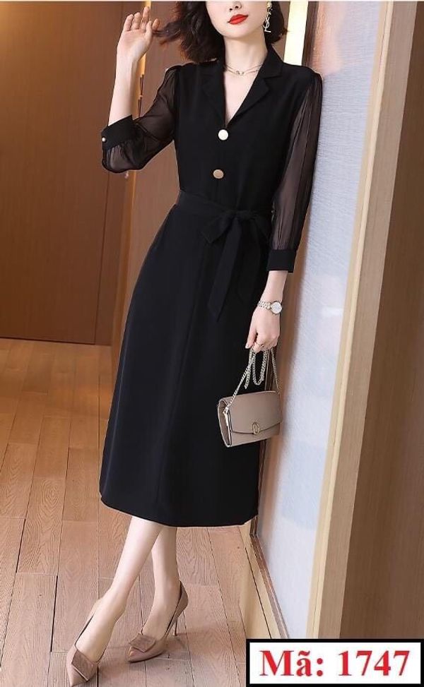 Váy đầm đen phối cúc bọc dáng chữ A tay bồng cổ vest sang trọng cho nữ - Đầm,  váy nữ | ThờiTrangNữ.vn